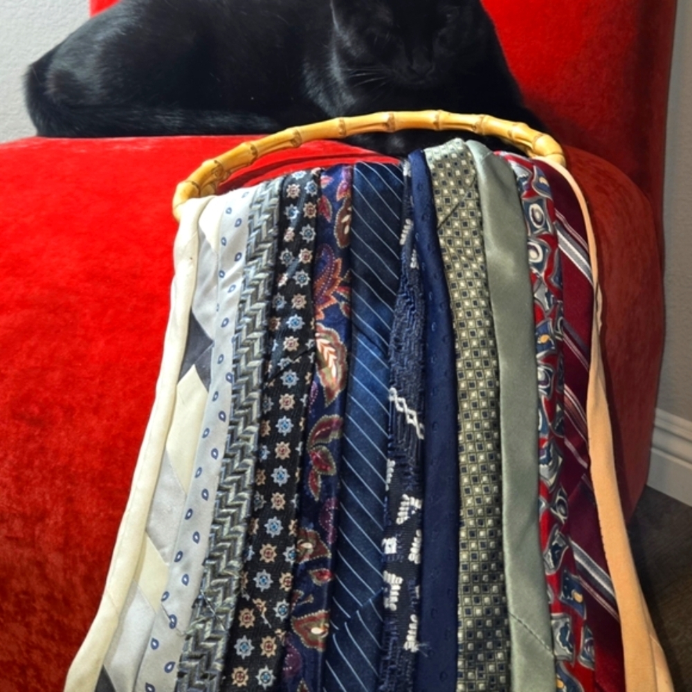 a. Neck Tie Patchwork Upcyled Handbag w/ Bamboo Hoop Handles BOHO BADU FABULOUS - Picture 5 of 15